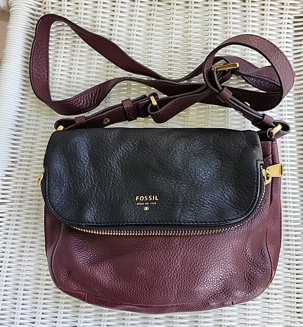 FOSSIL Preston Brown Black Leather Pocket Flap Expandable Crossbody Shoulder Bag