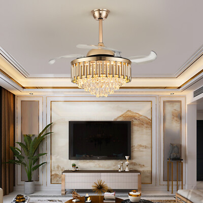 42In Invisible Ceiling Fan Light LED Crystal Chandelier 6-Speeds Remote Control
