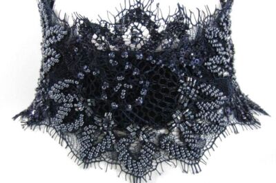 Designer Fallon Monarch ''Monica'' $300 RET Glass Beaded Navy Lace Wide STUNNING