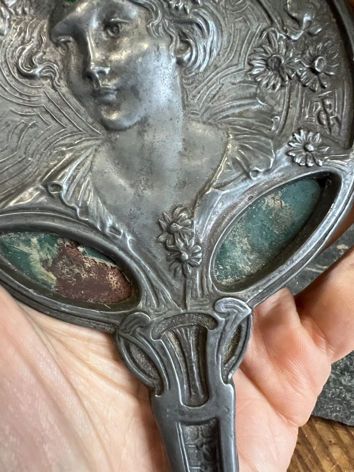 Miroir Face a Main Art Nouveau Visage Femme Etain Georges De Feure - Photo 3/4