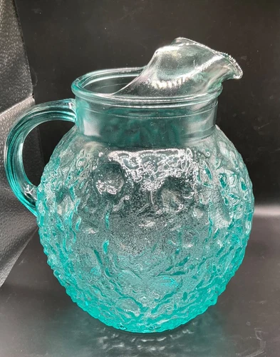 VINTAGE ANCHOR HOCKING AQUA TURQUOISE MILANO GLASS PITCHER 96 OZ ART GLASSWARE