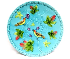 Majolica Pottery 11 1/4" Platter Zell Germany ~ Turquoise Blue Birds & Berries