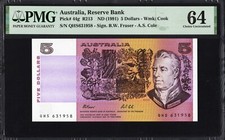 Australia 5 Dollars P44g R213 1991 Fraser Cole PMG64 Choice UNC Banknote BANKS