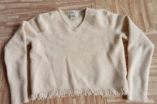 Eddie Bauer Women Sweater Ivory Wool V Neck Cropped Fringe Bojo Casual L