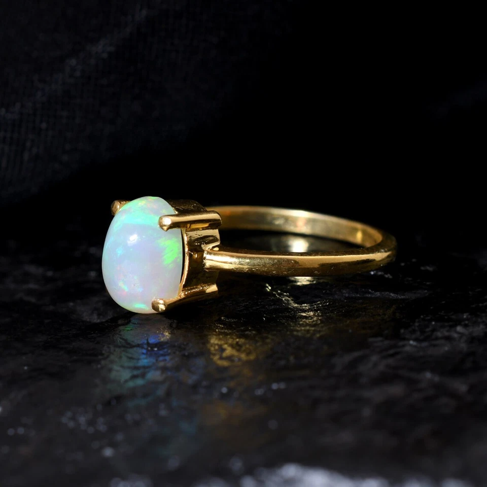 Натуральный эфиопский мульти огонь опал кабошон серебро 925 пробы позолоченное кольцо - Изображение 4 из 4