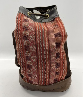 Embroidered Drawstring Backpack with Leather Accents and Llama Design
