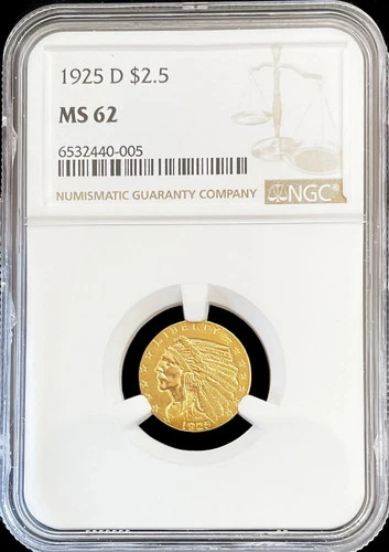 1925 D GOLD US $2.5 DOLLAR INDIAN HEAD QUARTER EAGLE COIN NGC MINT STATE 62