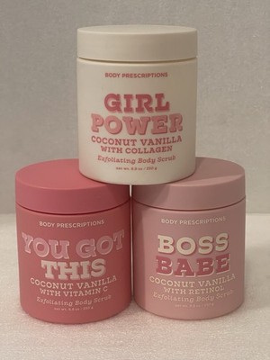 Body Prescriptions 3PC Exfoliating Scrub Coconut Vanilla BOSS BABE YOU GOT THIS