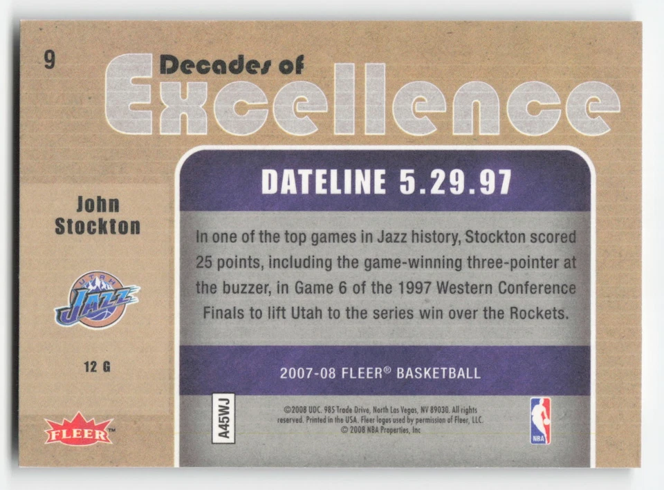 2007-08 Fleer #9 John Stockton Decades of Excellence - Image 2 of 2