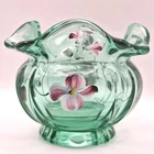 Fenton Ruffled Rose Bowl Vase Hand Painted Green Glass Signed Don Fenton ~ 1993