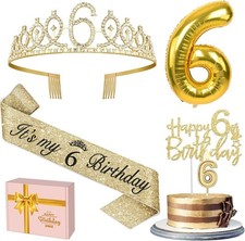Gold jewel crown and sash set for 6th birthday