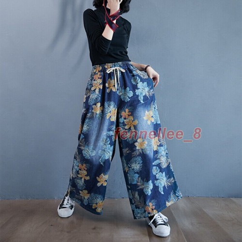 Ethnic Women Floral Denim Pants Wide-leg Jeans Trousers Loose Baggy Casual Retro - Picture 10 of 13