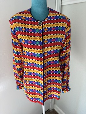 Corey B. New York Vintage Blouse Vibrant Multicolor Geometric Pattern 100% Silk