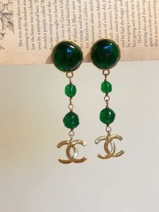 Authentic CHANEL Coco Mark CC Green Stone Dangle Long Earring Gold Plated 2606TK