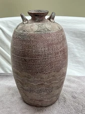 15”Heavy Vintage Terracotta Redware Pottery Handle Pitcher Jug Vase Rustic Decor