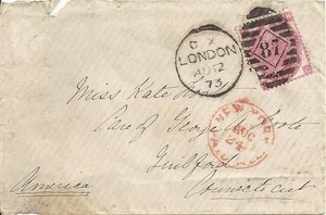 1873 London to USA w/#49 Plate 10 (damaged) and Red NY Paid All