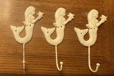 Cast Iron White Mermaid Wall Hooks-Lot of 3-Nautical Coastal Decor-Never Used