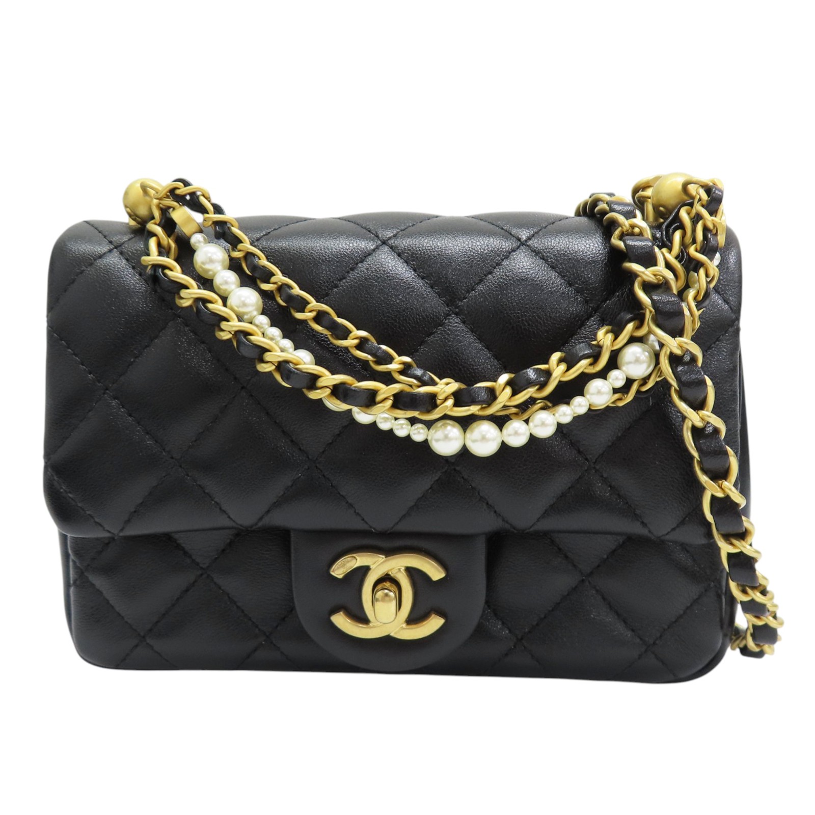 CHANEL Pearl Twist Mini Square Flap Shoulder Bag Black Quilted Lambskin Leather