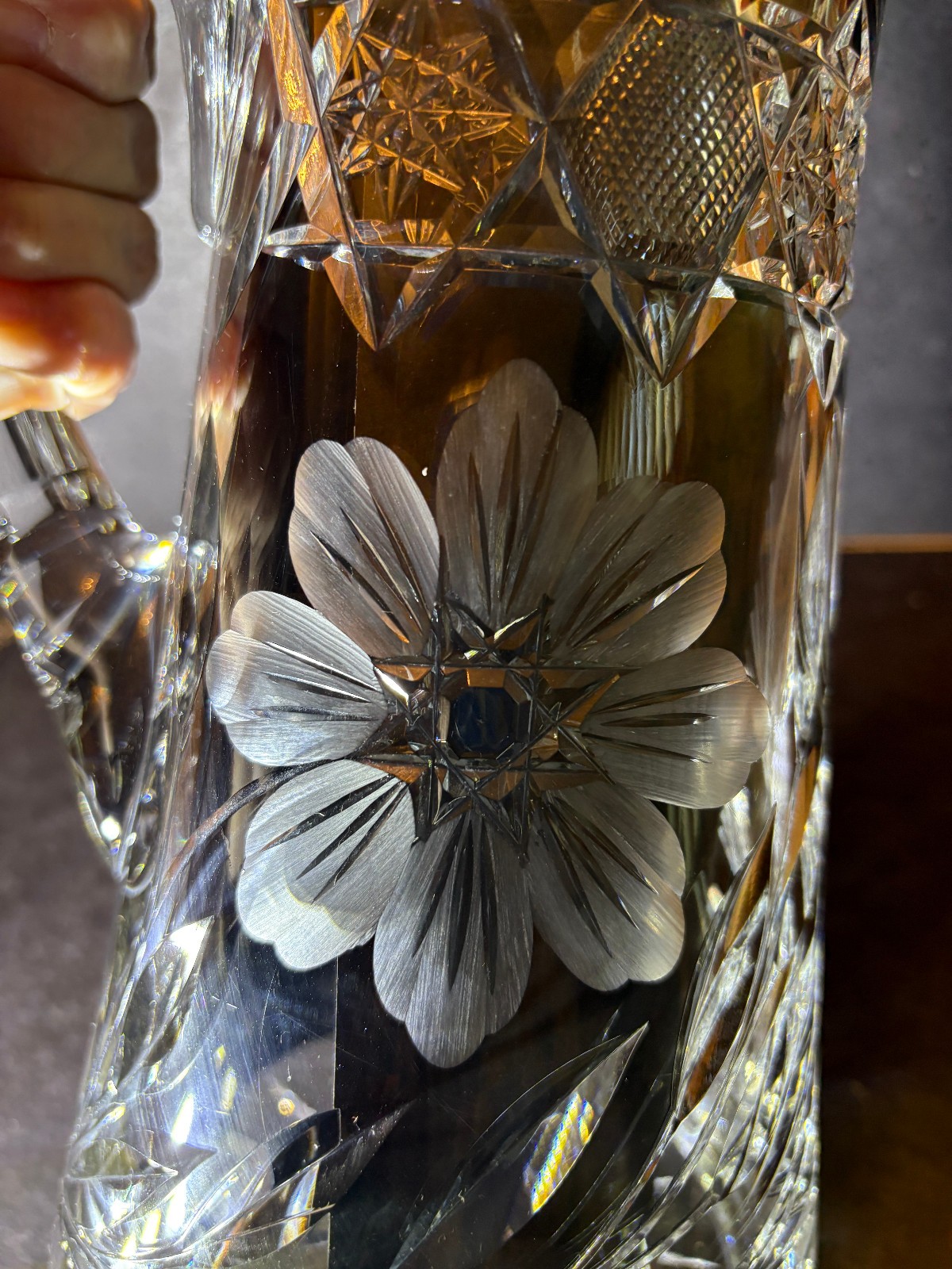 ABP, Cut Crystal, Etched Pitcher with SIX Matching Tumblers, FLORAL