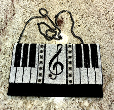 Mary Frances Piano Keys Beaded Handbag Clutch Treble Clef Blk Onyx White Music