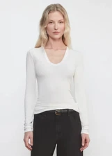 ENZA COSTA Silk Rib Long Sleeve U Neck Top Chalk M $175 E1 299