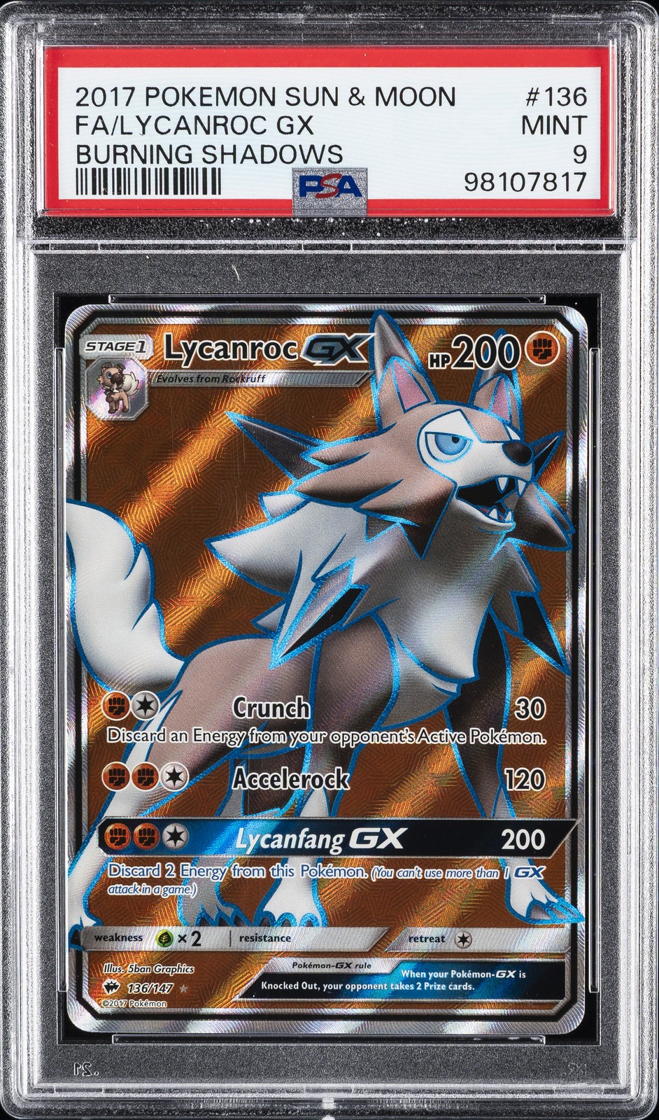 2017 POKEMON SUN & MOON BURNING SHADOWS #136 FULL ART/LYCANROC GX PSA 9
