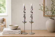 Vintage 70's 9" hand carved Taper Candles Gray White burgundy swirl