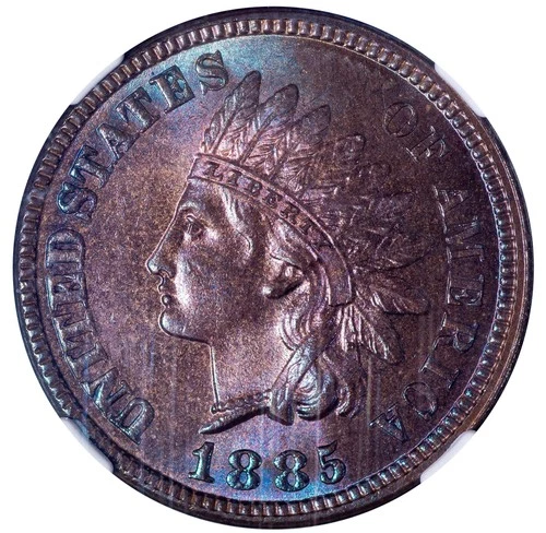 1885 1C MS65 BN NGC TONED COLOR INDIAN HEAD PENNY CENT