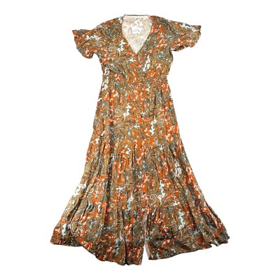 Kate + Sam NWT Women's XL Orange Paisley Maxi Dress SS Boho Peasant Gypsy