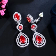 No Piercing Wedding Brides Silver Plated Cubic Zircon Long Drop Clip On Earrings