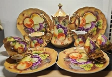 Vintage LEFTON Heritage Fruit Teapot Tea Set Sugar Creamer 4 Cups Snack Plates