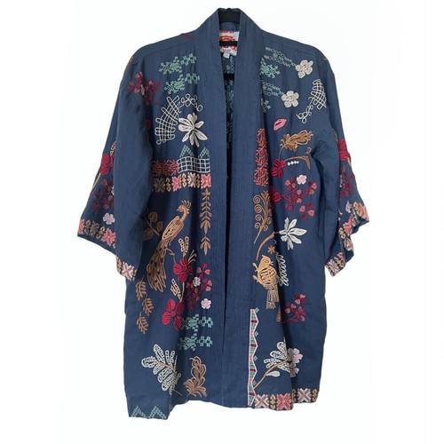 Johnny Was NWOT Zuzu Linen Open Kimono Sz S Floral Embroidered Navy Blue Boho - Picture 3 of 8