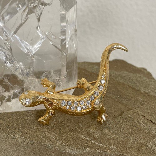 Vtg Elegant RHINESTONE LIZARD Brooch Gold Tone Fancy White SPARKLY EYES 80s 90s - Picture 2 of 7