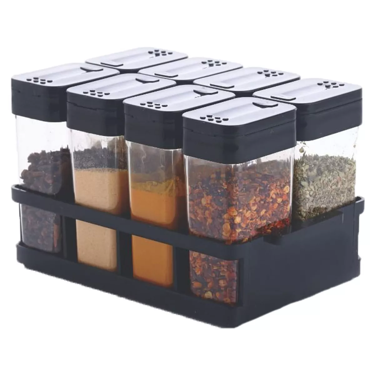 Plastic Spice Storage Jar with Tray 8 Pcs Sets Colour Black For Kitchen