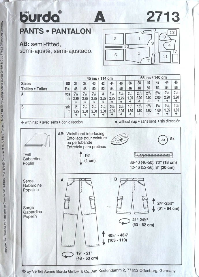 1990's Burda Men's Pants,Shorts Pattern 2713 Size 36-46 UNCUT - Image 2 of 2