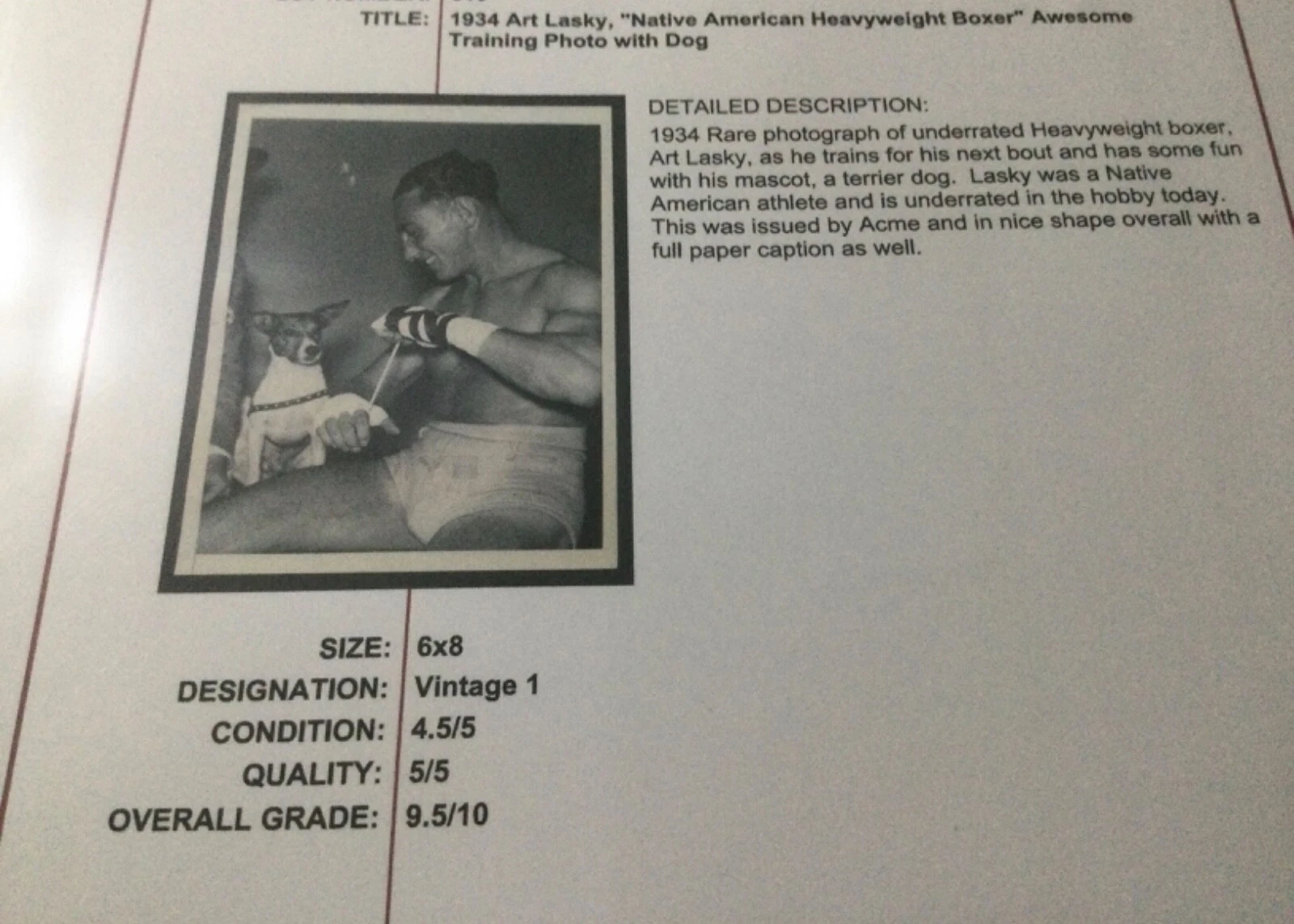 1934年 アートラスキー "ネイティブアメリカンヘビー級ボクサー"トレーニング写真犬付き - 画像4/4