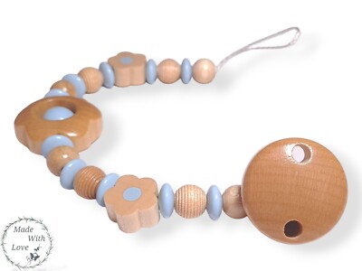 Schnullerkette ''Blossom''  Natur- babyblau / NEU / nach DIN-EN 12586 gefertigt