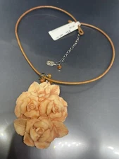 Suzanne Kalan Signed Carved Roses Pendant Sterling Silver 925 NWT Cord Necklace