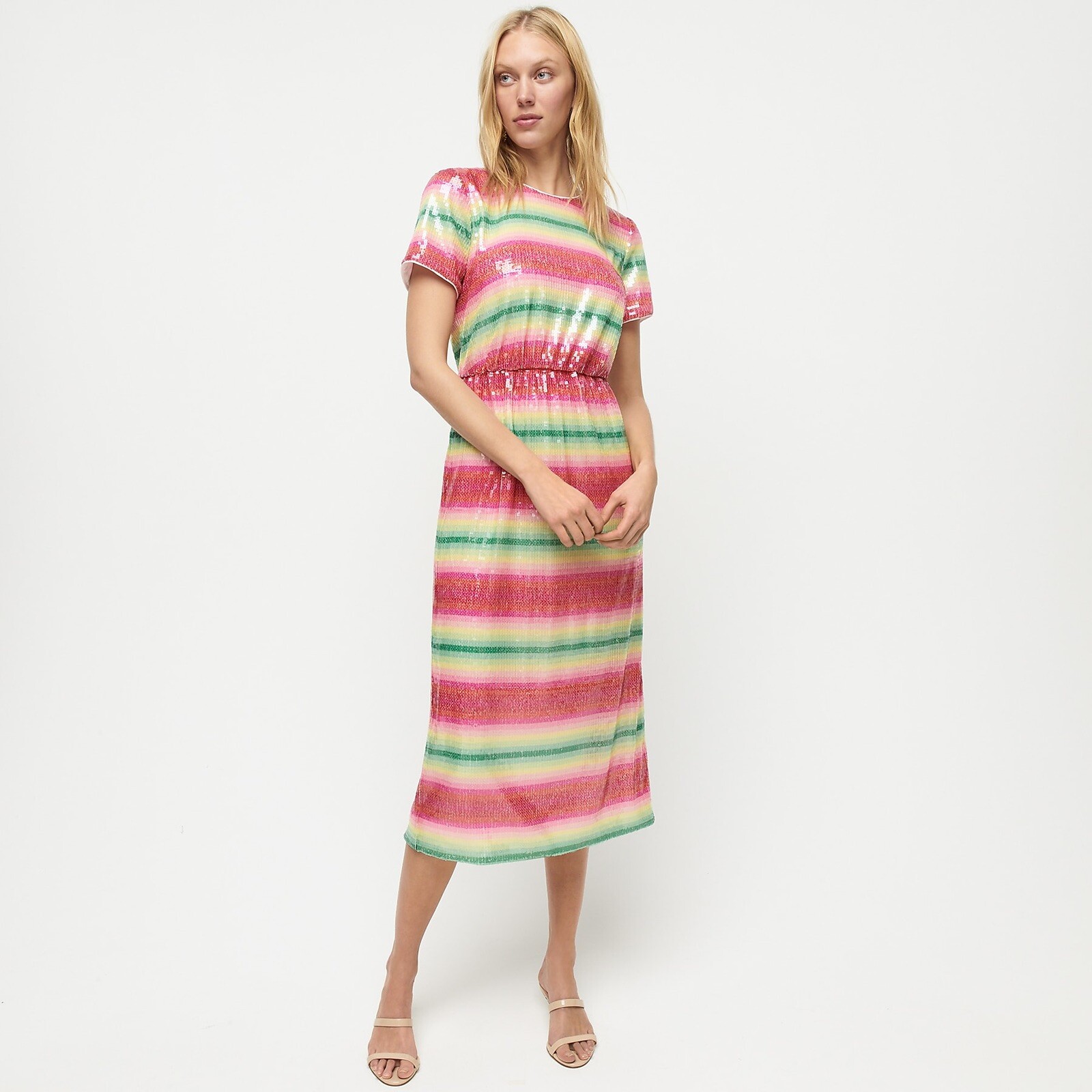 Crew Factory J Crew Watermelon Dress Short-sleeve Sequin Dress In  Watermelon Stripe-AK667-RED GREEN