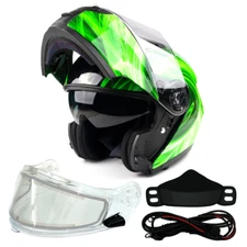 Green Adult Modular Flip Up Snowmobile Helmet w/ Dual Lens Heated Shield DOT