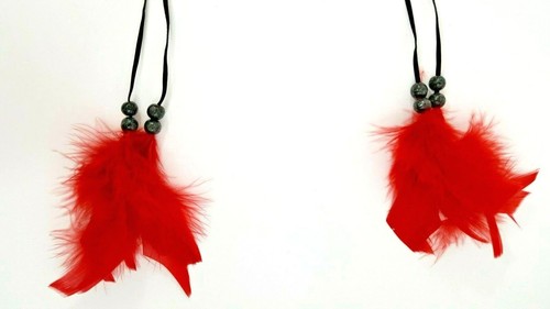 Red and Black Feathered Mardi Gras Mask With Feather Tassels Elegant - Picture 6 of 6