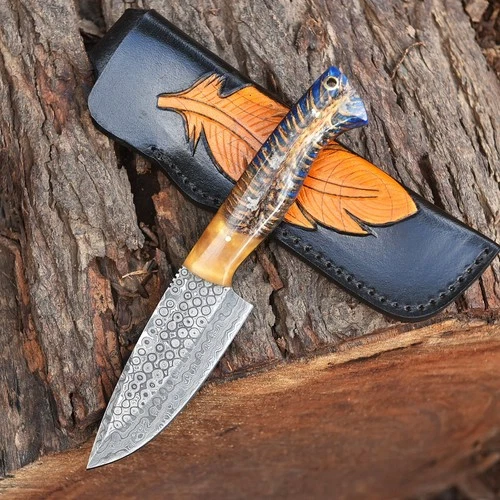 Damascus Steel Fixed Blade Hunting Camping Knife Pine Cone Resin Engraved Sheath