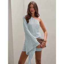 One Shoulder Sparkly Mini Dress Ice Blue Glam Party Cocktail Size M