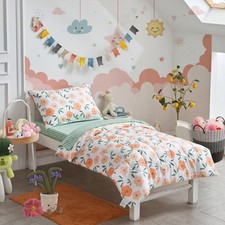 4 Pieces White Girls Toddler Bedding Set Orange Floral Style for Autumu and W...