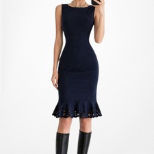 Vintage Y2K Blue Sleeveless Knit Scalloped Hem Knee Length Flared Dress Size M