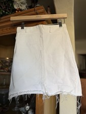 White Denim A-Line Skirt Frayed Hem Zip High Rise Skirt
