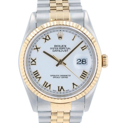 Men's Rolex Datejust Two-Tone White Roman Dial Fluted Bezel Box & Papers 16233