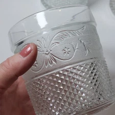 Set 6 Pressed Glass Old Fashioned Low Ball Tumblers Floral Diamond Pattern 