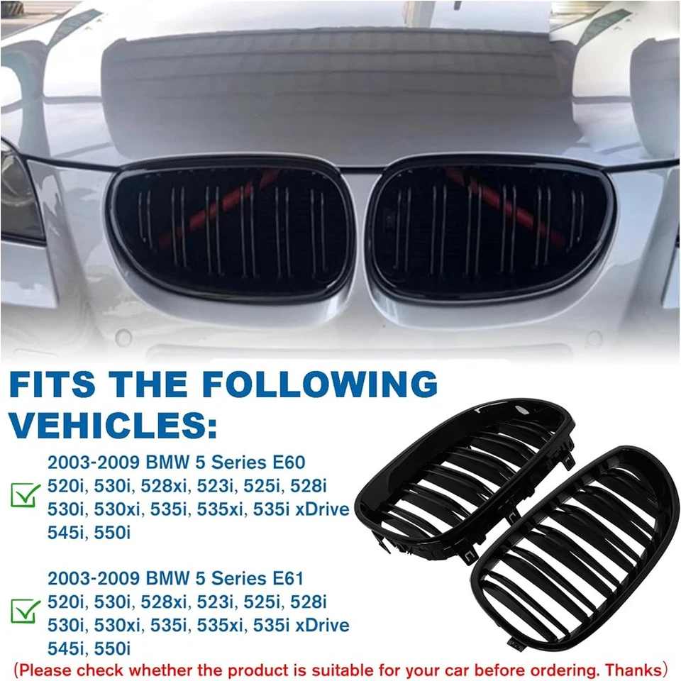 Gloss Black Front Kidney Grille For E60 E61 BMW 5 Series 2003~2010 525i 528i M5 Foto 3 de 4