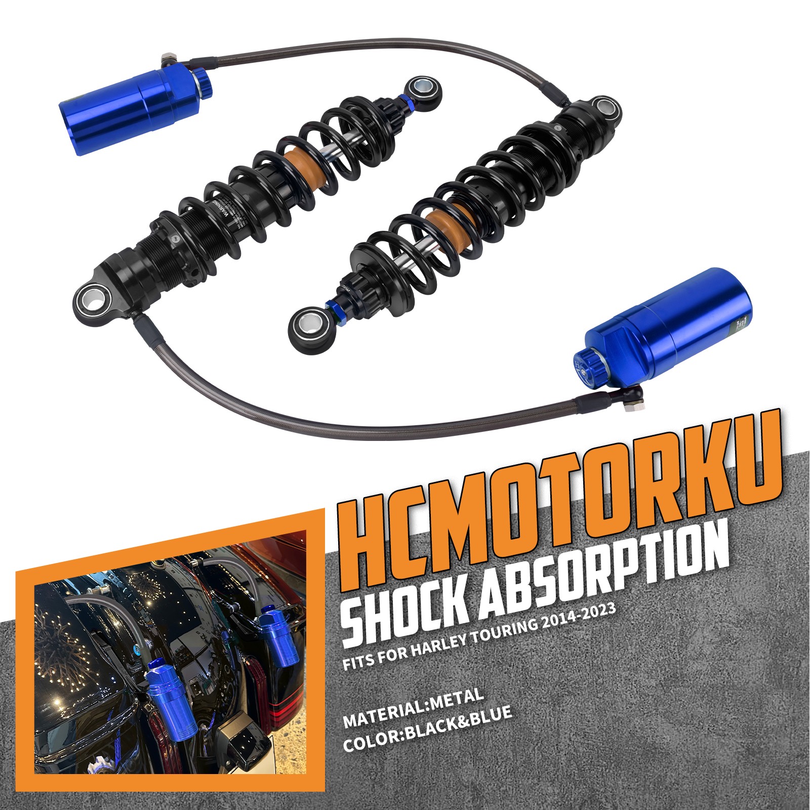 Blue Remote Reservoir Rear Suspension Shock For Harley Road King Glide 2014-2025